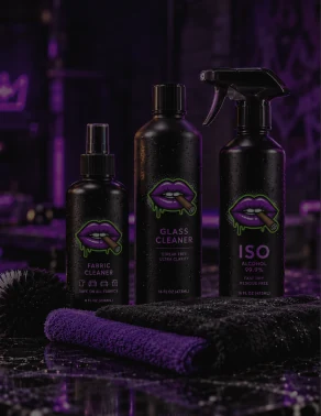 Glass cleaner, ISO alcohol and fabric cleaner bottles