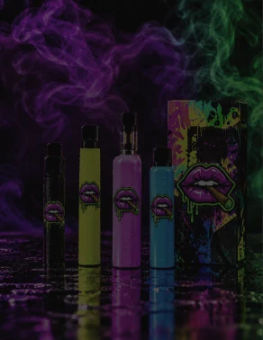 Row of neon disposable vapes with Much Love lips